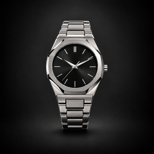 NOVEN NOCTIS steel watch with an unmarked black dial, front view