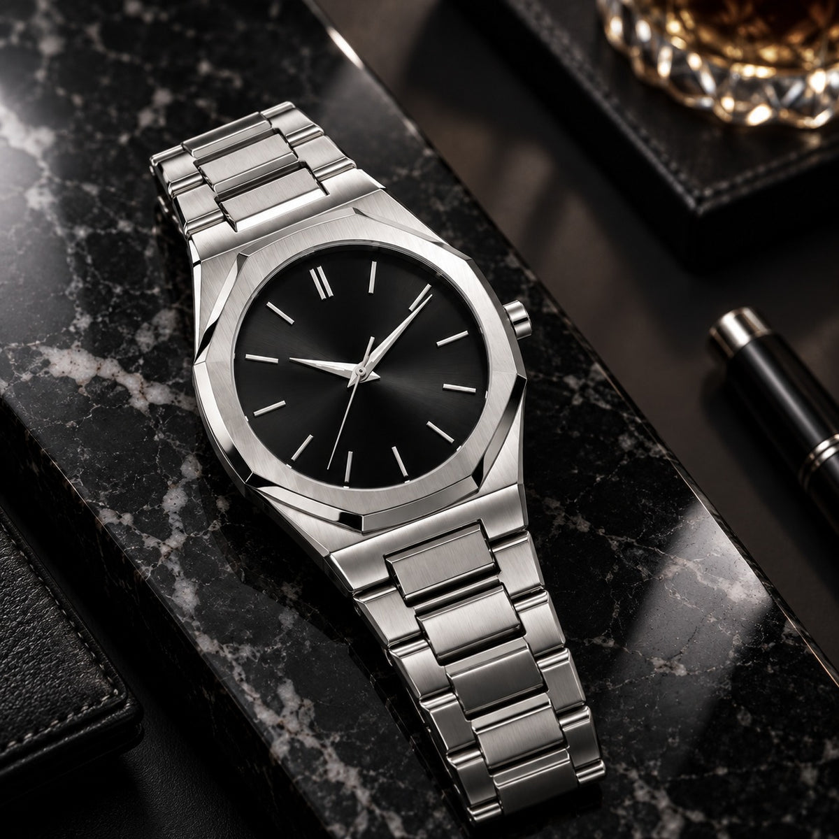 NOVEN NOCTIS steel watch resting on black marble